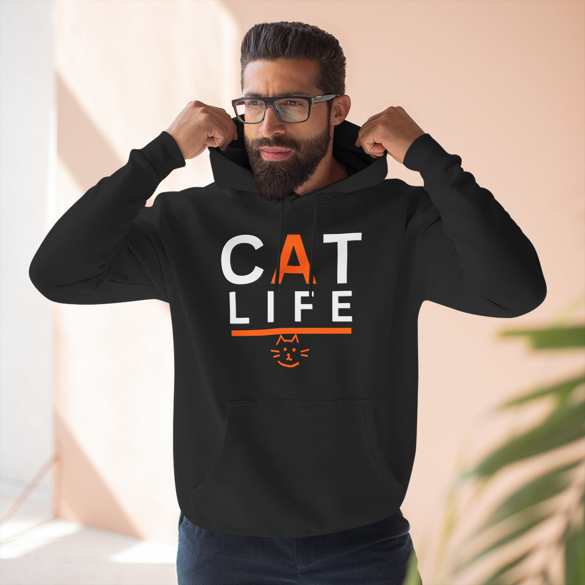 Cat Life Fleece Hoodie — Cozy Black "CAT LIFE" Pullover for Cat Lovers