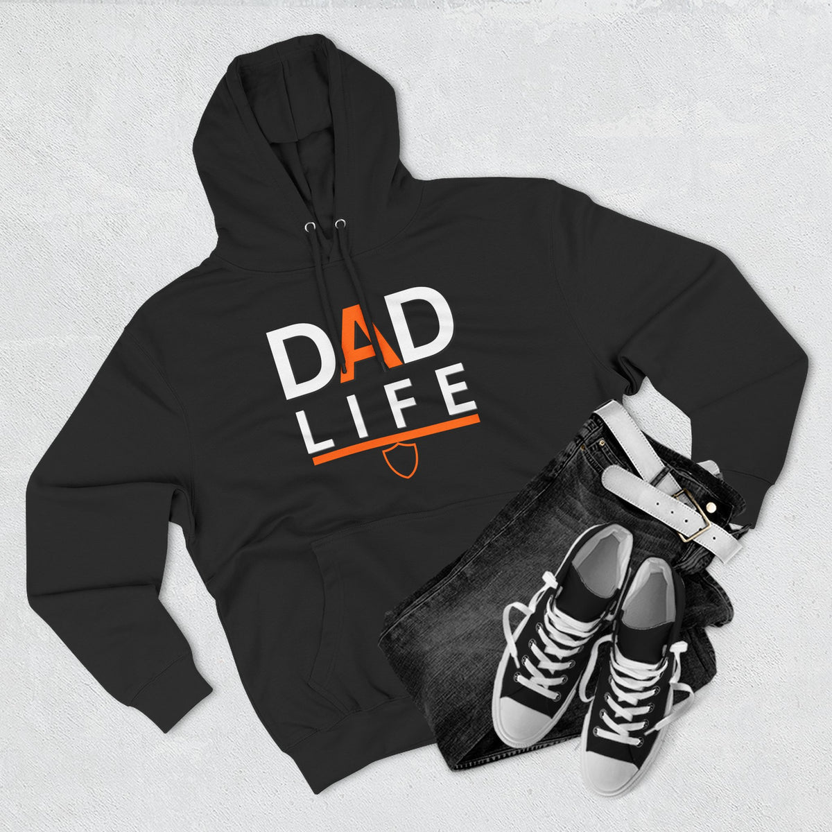 Dad Life Hoodie — Graphic Fleece Pullover for Fathers (Stylized 'A' & Shield)