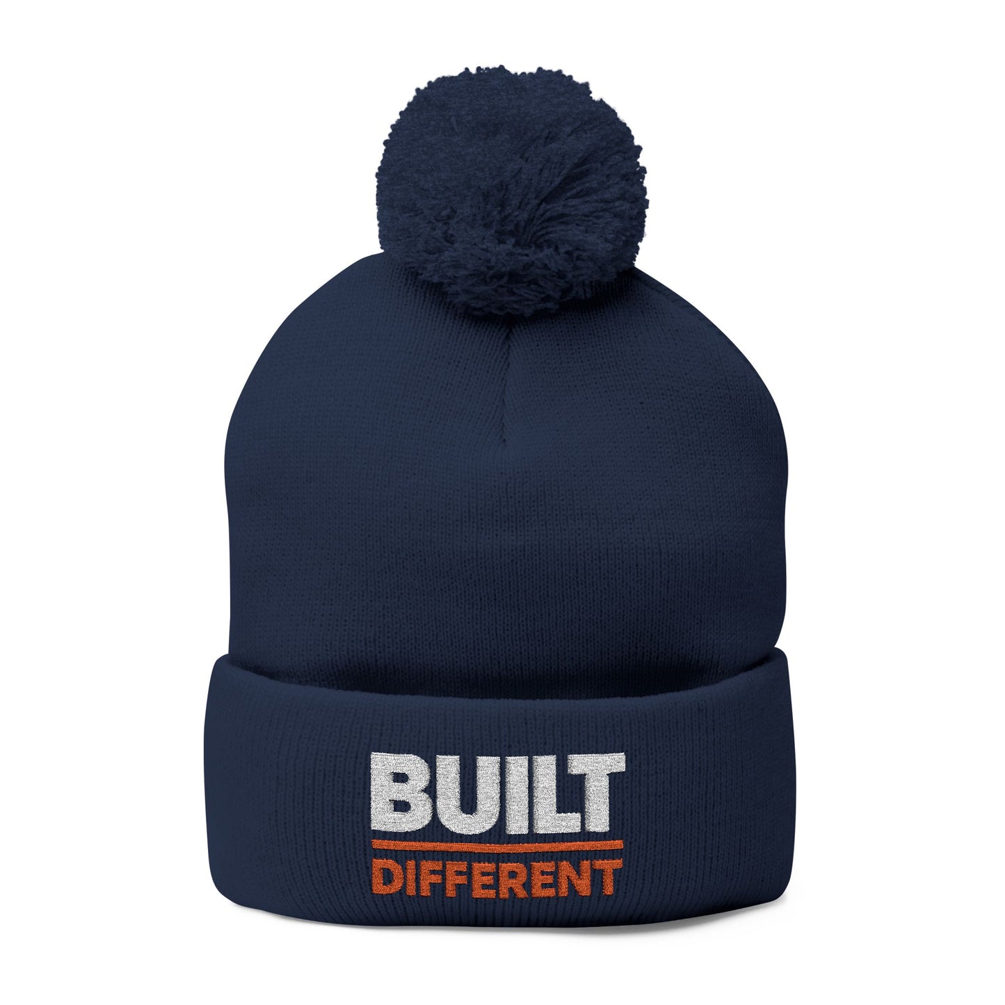 Built Different Pom-Pom Beanie — Embroidered Knit Cap