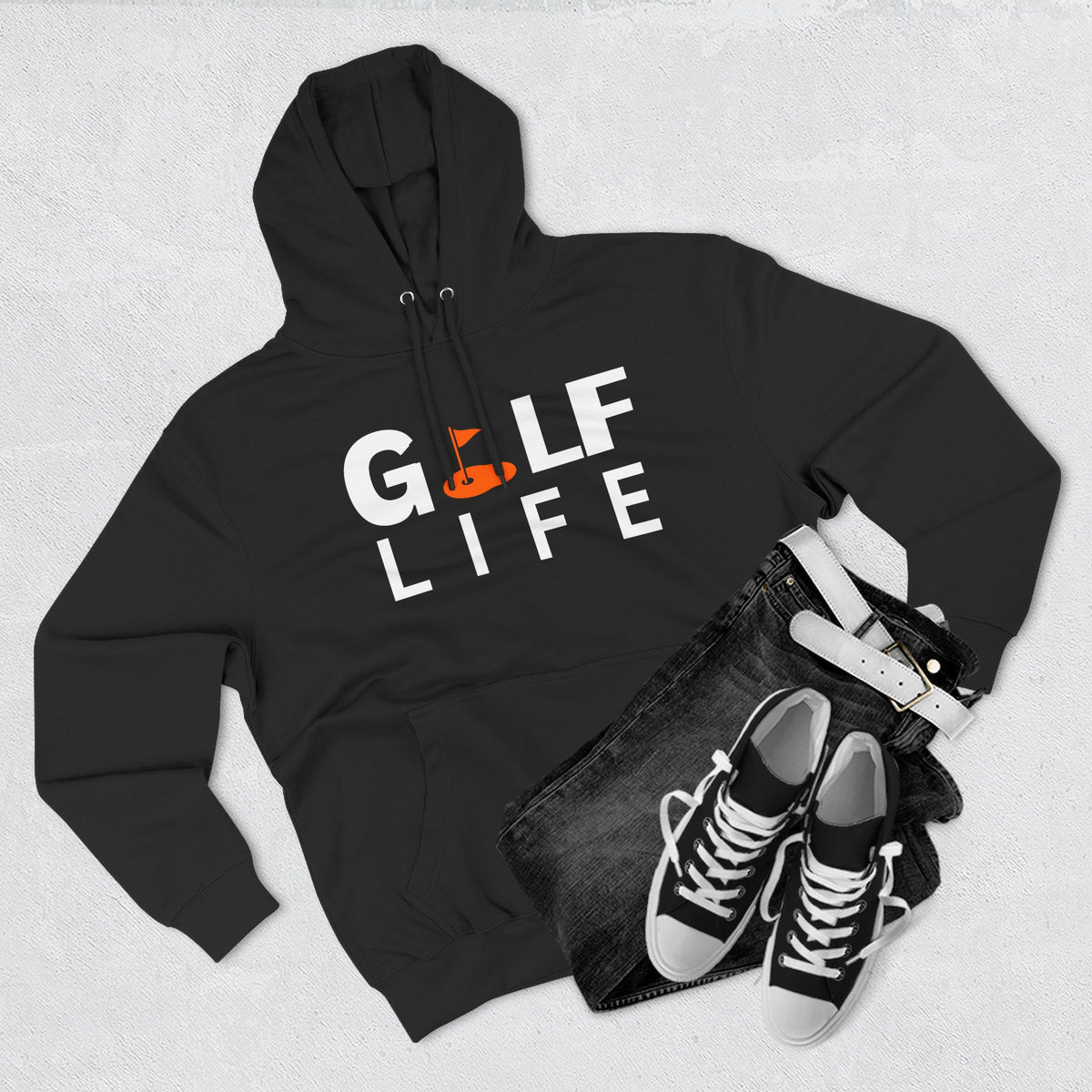 Golf Life Hoodie — Casual Golf Pullover with Orange Flag Putting Graphic