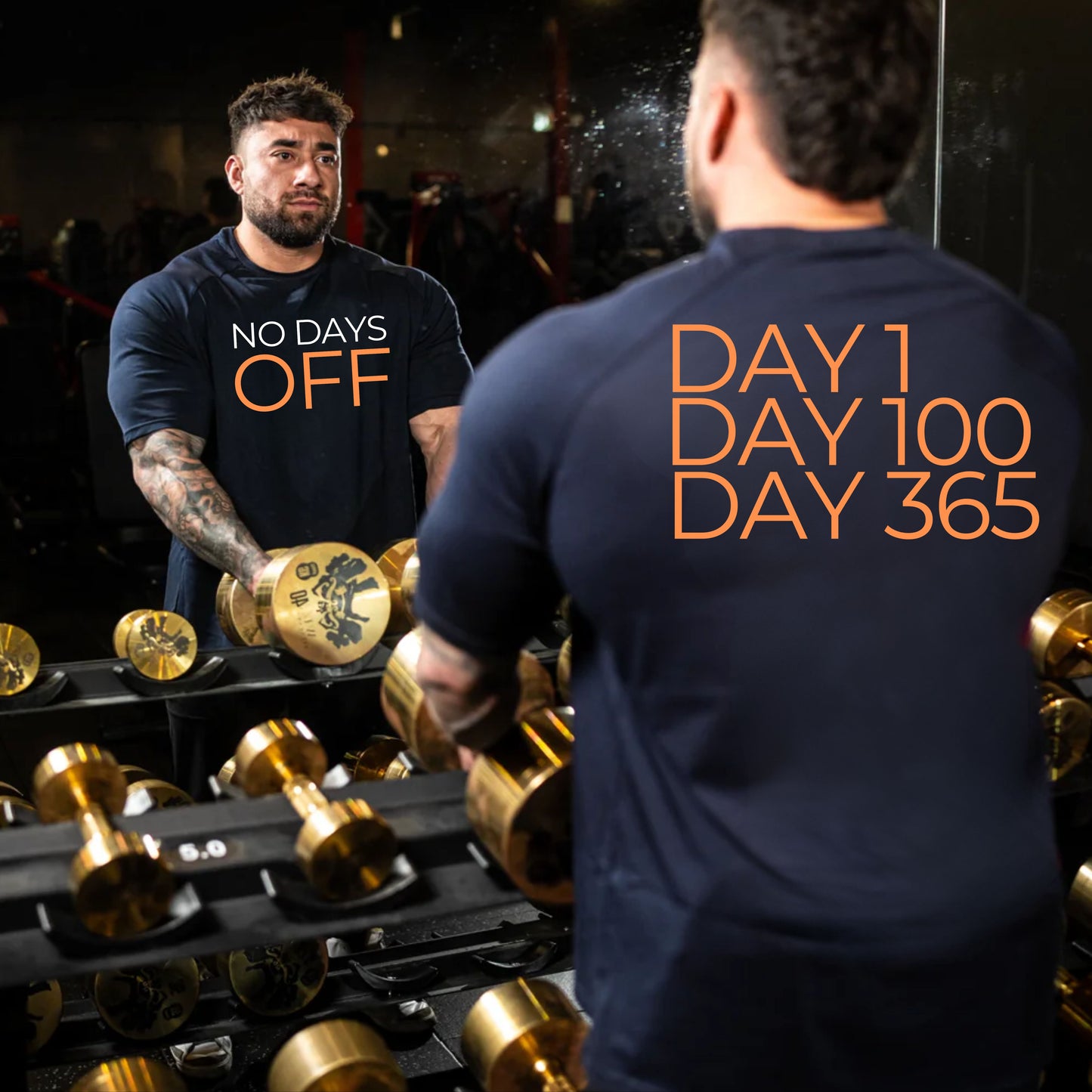 No Days Off T-Shirt — Motivational Fitness Tee (Front: NO DAYS OFF, Back: DAY 1 • DAY 100 • DAY 365)