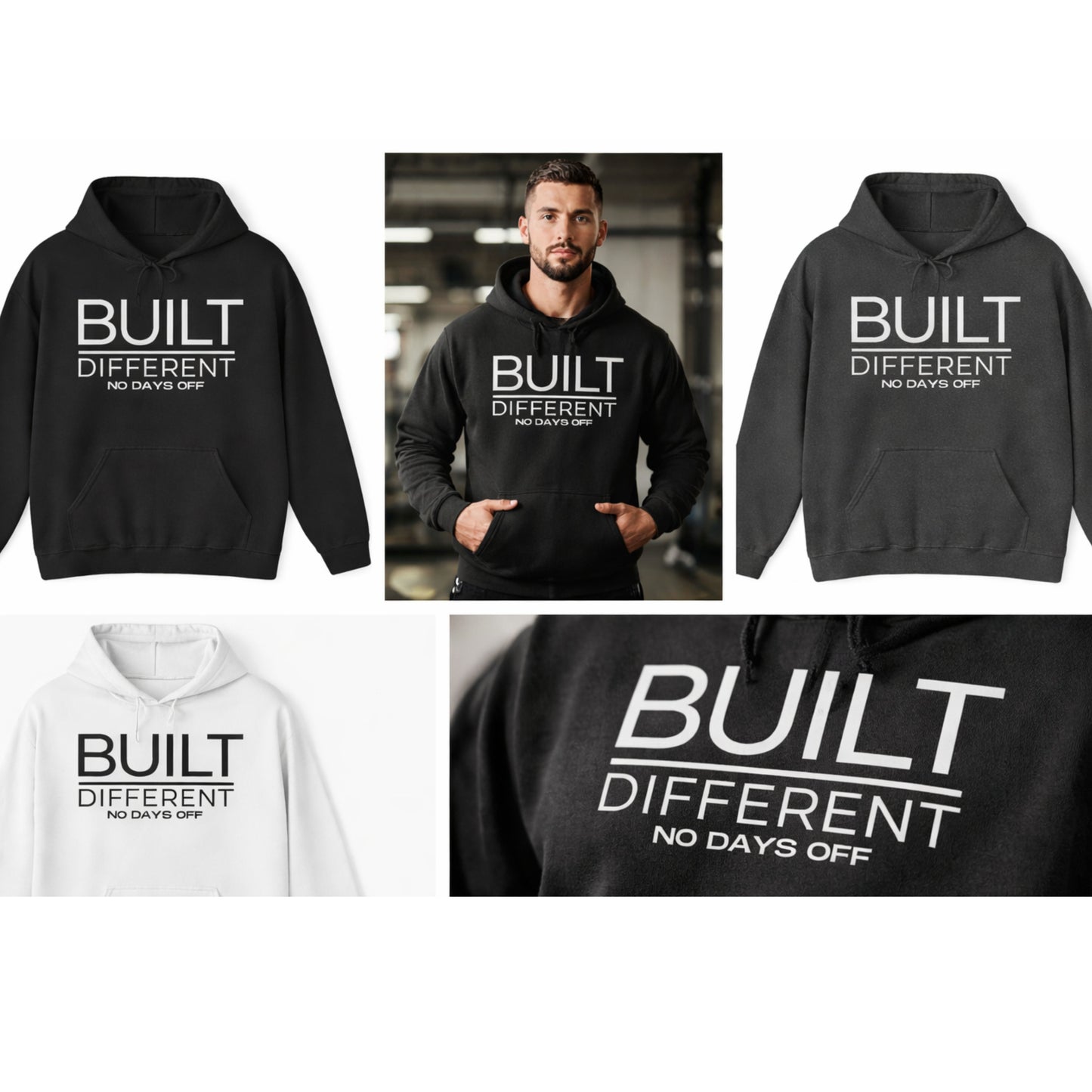 Built Different Hoodie – No Days Off Gym Hoodie, Discipline Streetwear, Motivational Fitness Pullover