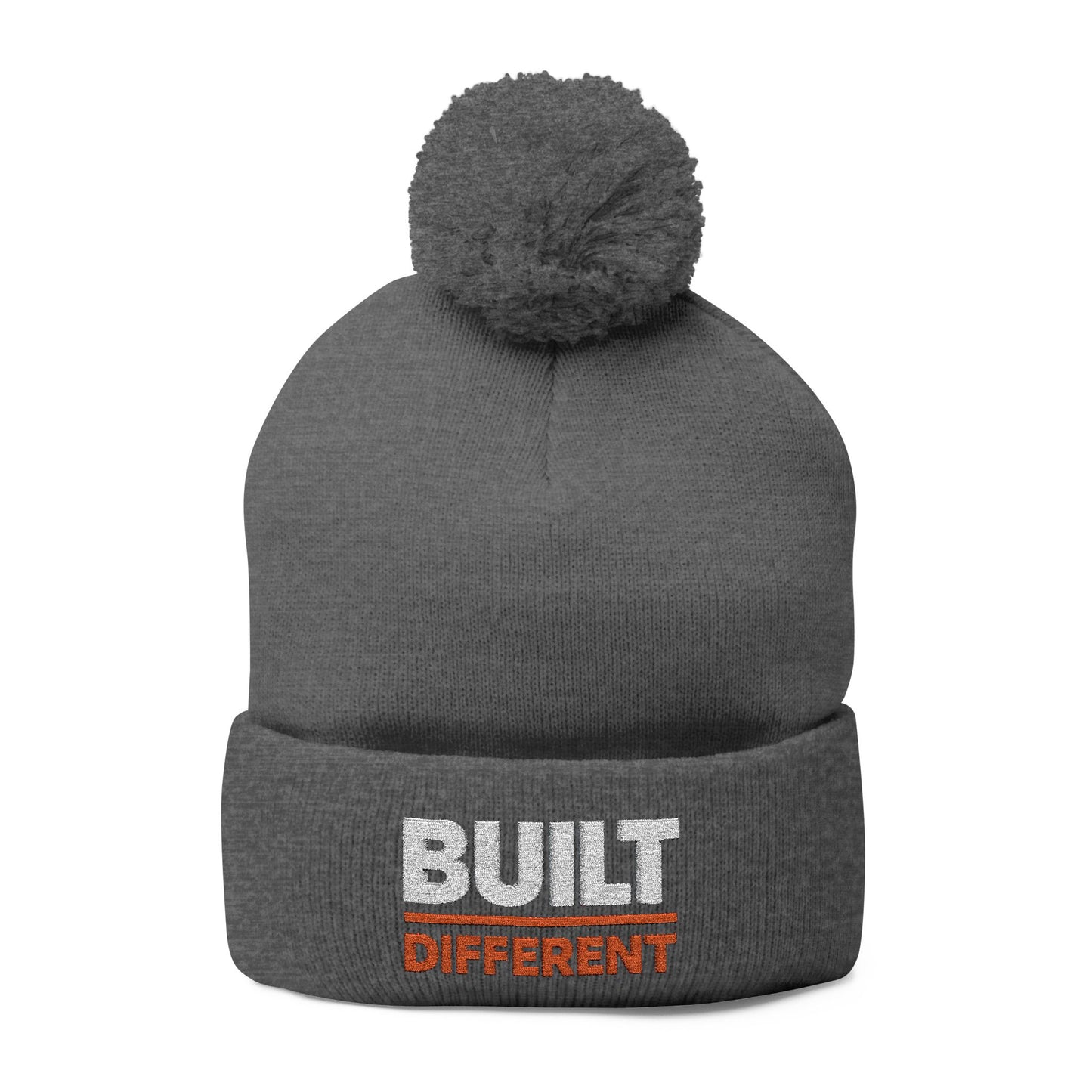 Built Different Pom-Pom Beanie — Embroidered Knit Cap
