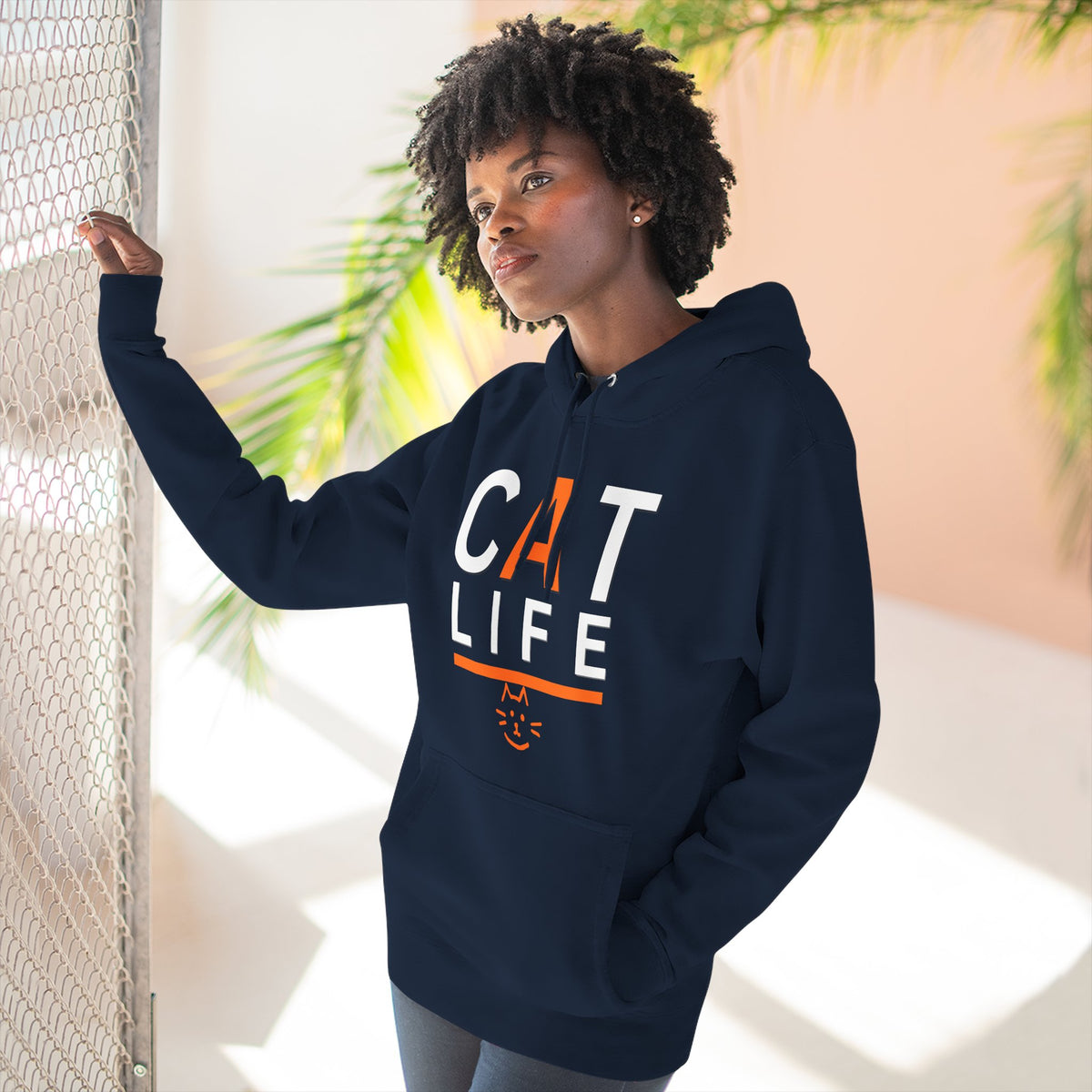 Cat Life Fleece Hoodie — Cozy Black "CAT LIFE" Pullover for Cat Lovers