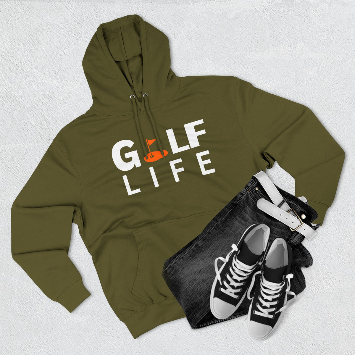 Golf Life Hoodie — Casual Golf Pullover with Orange Flag Putting Graphic