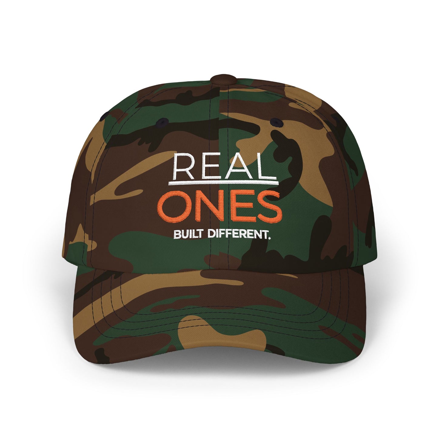 Real Ones Camo Dad Cap — "Real Ones Built Different" Embroidered Hat