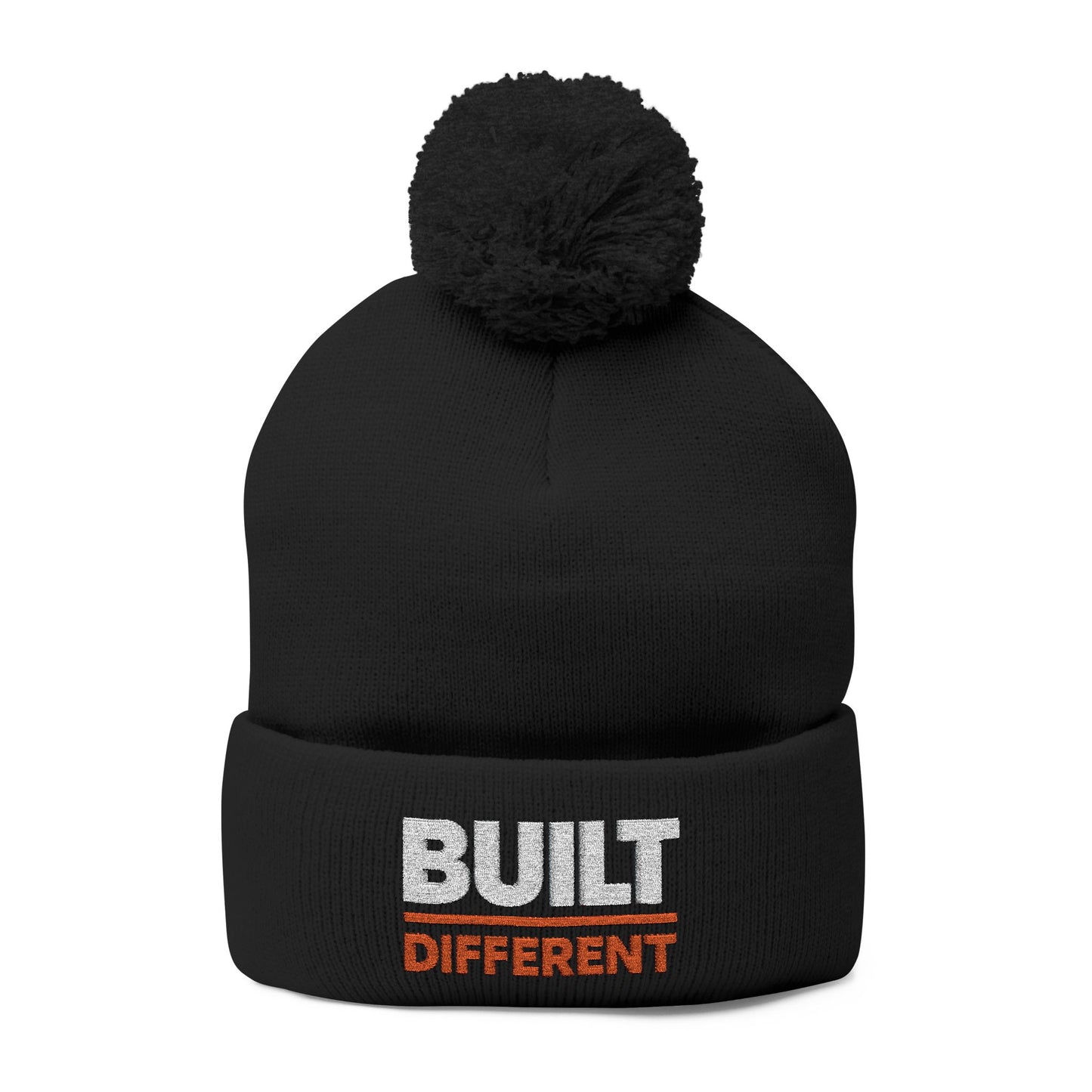 Built Different Pom-Pom Beanie — Embroidered Knit Cap