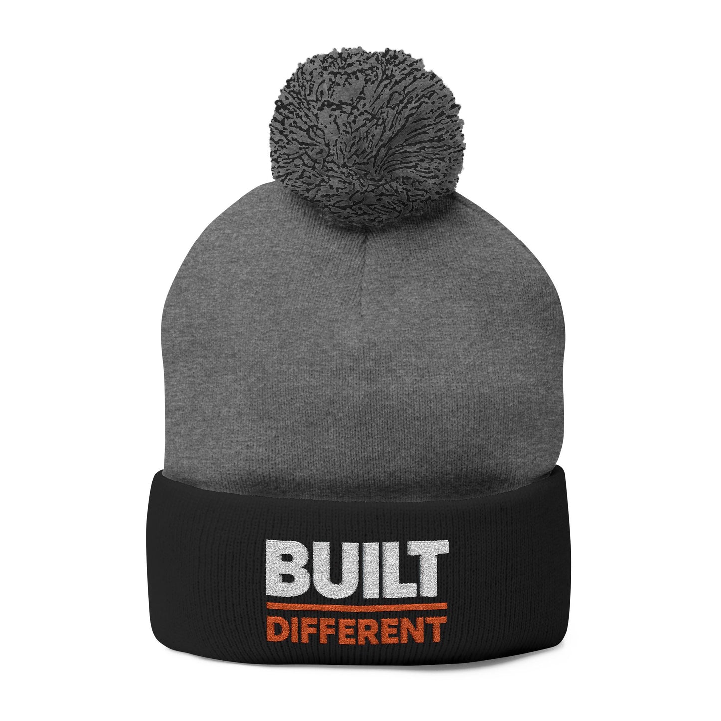 Built Different Pom-Pom Beanie — Embroidered Knit Cap