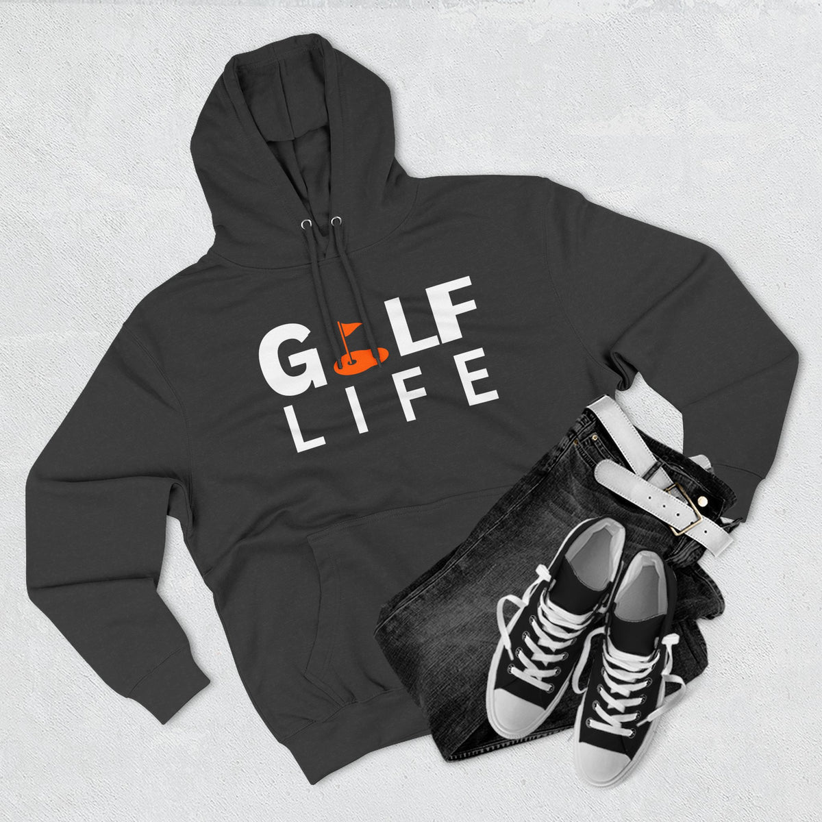 Golf Life Hoodie — Casual Golf Pullover with Orange Flag Putting Graphic