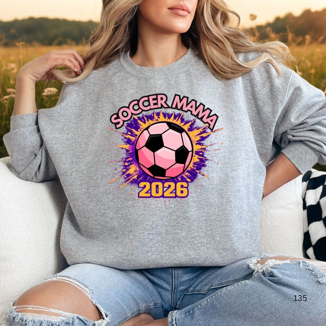Soccer Mama 2026 Shirt – Pink & Purple Game Day Tee for Moms, 2026 Soccer Fan Graphic T-Shirt