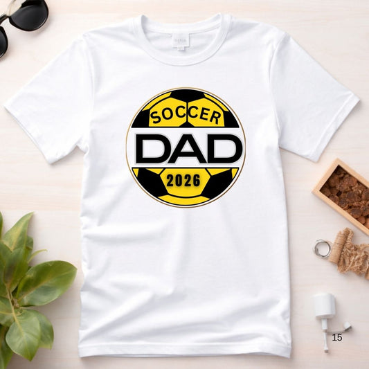 Soccer Dad 2026 T-Shirt — Yellow & Black Soccer Ball Dad Tee